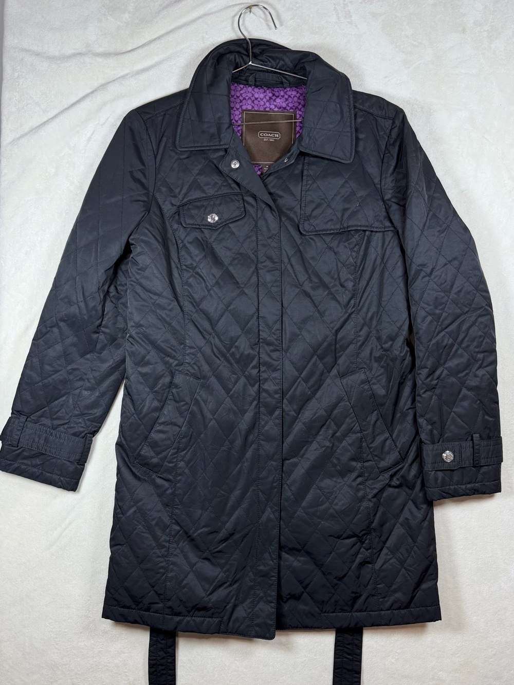 Coach Women’s Medium Black Quilted Trench Coat with Purple C Lining